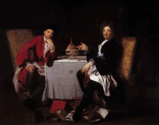 Deux épicuriens Deux philosophes parlant à une table
