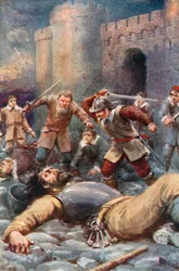 Les pèlerins détruisent le château de Doubting (lithographie couleur)