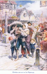 Christian commence son pèlerinage, de The Pilgrims Progress publié par John F Shaw & Co, vers 1900