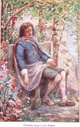 Christian dort dans la tonnelle, de The Pilgrims Progress publié par John F Shaw & Co, vers 1900