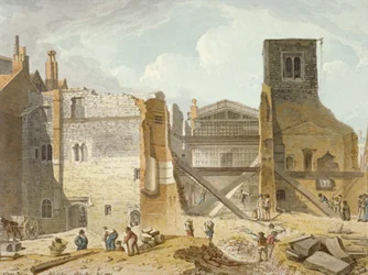 Vue de la démolition du palais de Savoy, Westminster, Londres, 1820