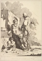 Deux Soldats et Enfant Tenant un Casque