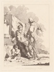 Deux soldats et un enfant tenant un casque