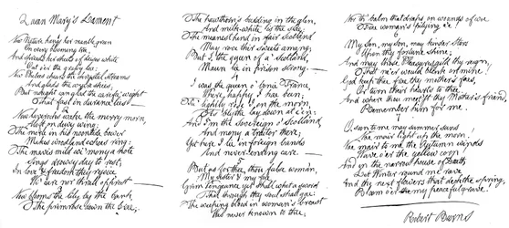 Lamentation de la reine Mary, poème manuscrit de Robert Burns, fin du XVIIIe siècle, 1840