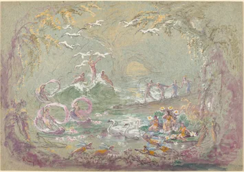 Scène de lac avec fées et cygnes