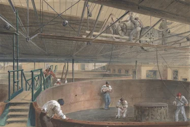 Enroulement du câble dans les grands réservoirs aux travaux de la construction télégraphique..., 1865