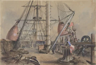 Sortir une des grandes bouées : le pont du Great Eastern vu de..., 1865-66