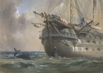 H.M.S. Agamemnon posant le câble télégraphique atlantique en 1858 : une baleine traverse la ligne, 1865-66