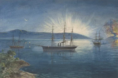 La baie des bras de taureau, baie de la Trinité, Terre-Neuve, feux allumés sur les collines pour notifier...