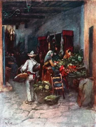Étals de fruits et légumes, Pise (lithographie couleur)