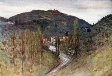 La vallée du Mugnone, en dessous de Fiesole, avec le Monte Rinaldini et le Ponte Alla Badia (lithographie couleur)