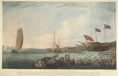 Vue de Blackwall, avec une partie du chantier naval, lors du lancement du Bombay Castle, 74 canons, construit aux frais de la Compagnie des Indes orientales et présenté à Sa Majesté en juin 1782