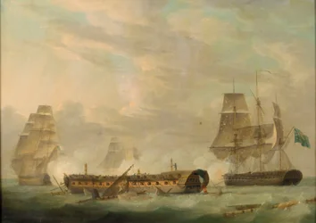 Action en mer : une frégate française complètement démâtée, fin du XVIIIe siècle