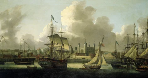 Navigation à Londres (Angleterre), description de la Tour de Londres à gauche, divers bateaux de toutes tailles illustrent la grande activité fluviale sur la Tamise