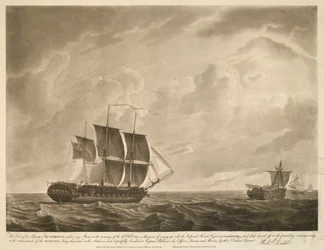 Cette vue du navire de Sa Majesté EUROTAS, sous les mâts du jury, le matin du 26 février 1814, sur le point de rejoindre la frégate impériale française LA CLORINDE, qui s