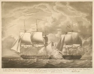 Au capitaine Phillimore, à ses officiers, matelots et marins, cette représentation de leur habile manœuvre (en passant sous la poupe de l