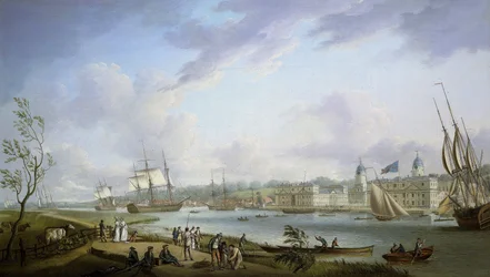 Vue de Greenwich, description de la Tamise et des activités sur ses rives, ainsi que de la navigation fluviale, sujet à l