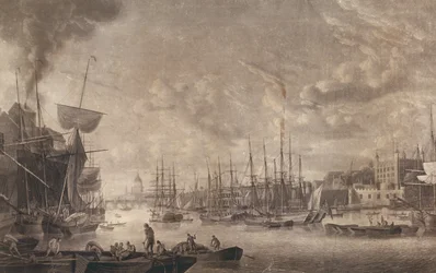 Vue vers le pont de Londres depuis un bateau amarré près de la tour de Londres, 1793