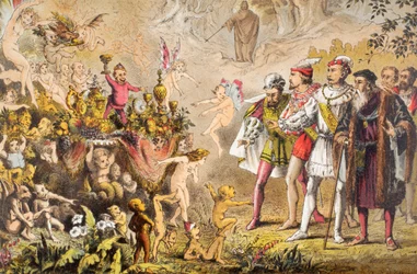 Alonso parle dans La Tempête, acte III, scène III, "Heavens, what were these", tiré de "The Illustrated Library Shakespeare", publié à Londres en 1890 (lithographie en couleurs).