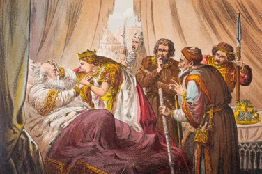 Cordélia parle dans Le Roi Lear, acte IV, scène VII, "Sir, do you know me ", tiré de "The Illustrated Library Shakespeare", publié à Londres en 1890 (lithographie).