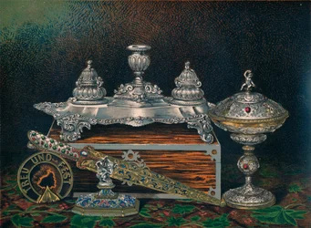 Encrier, presse-papier, couteau de chasse ou poignard, tazza couverte, presse-papier, 1863