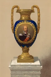 Vase en porcelaine, offert par leurs Majestés le Roi et la Reine de Prusse (chromolitho)