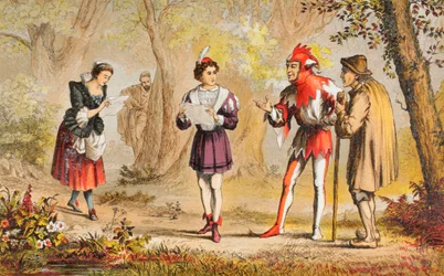 Rosalind parle dans As You Like It, acte III, scène II, "Peace ! Here comes my sister", tiré de "The Illustrated Library Shakespeare", publié à Londres en 1890 (lithographie en couleur).