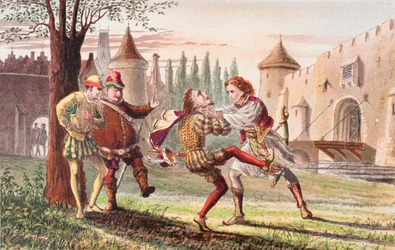 Sébastien parle dans Twelfth Night, Acte IV, Scène I, "Why ! Il y en a pour toi ! Et là ! Et là !", tiré de "The Illustrated Library Shakespeare", publié à Londres en 1890 (lithographie en couleurs).