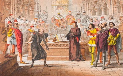 Shylock parle dans Le Marchand de Venise, acte IV, scène I, "Is that the law ", tiré de "The Illustrated Library Shakespeare", publié à Londres en 1890 (lithographie en couleur).