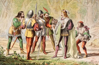 Speed parle dans Les deux gentilshommes de Vérone, "Master, be one of them", tiré de "The Illustrated Library Shakespeare", publié à Londres en 1890 (lithographie en couleurs).