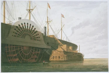 La vieille frégate HMS Agamemnon avec son poids de câble à côté du SS Great Eastern, tiré de "The Atlantic Telegraph" par William Howard Russell, publié en 1866 (lithographie en couleur) (voir aussi 192775-780)