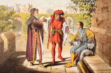 Warwick parle dans le roi Henri VI, acte II, scène II, "Be we the first that shall salute our rightful sovereign", tiré de "The Illustrated Library Shakespeare", publié à Londres en 1890 (lithographie en couleurs).