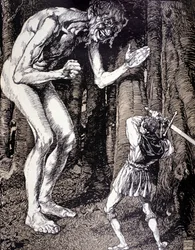 Le chevalier et le géant. Illustration de Robert Engels (1856 - 1936). Gravure allemande. (Düsseldorf)