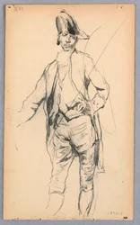 Dessin, figure masculine debout en costume du XVIIe siècle, 1876-77