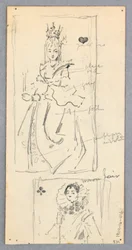 Dessin, scène de rue, Italie (recto) ; deux vues encadrées de femmes sur des cartes à jouer (verso), 1882