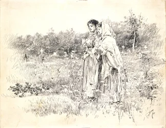 Deux jeunes filles debout devant une tombe