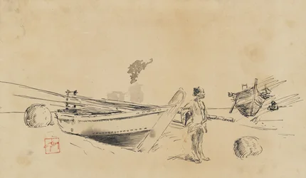 Deux bateaux de pêche japonais sur le rivage, 1867-1903