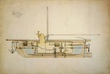 Dessin original du Nautilus, le premier bateau sous-marin, présenté par son inventeur Robert Fulton (1765-1815) au Sénat américain en 1806.
