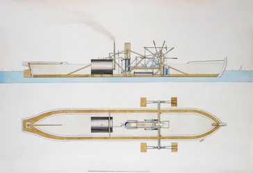 Bateau à vapeur conçu par Robert Fulton, aquarelle, États-Unis
