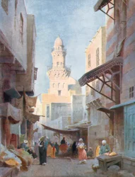 Le Gamalieh et la mosquée du sultan Babaas, Le Caire (lithographie couleur)