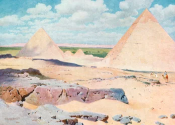 Les pyramides de Gizeh vues du désert (lithographie couleur)