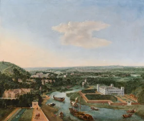 Une perspective de Syon avec des barges sur la Tamise (huile sur toile)