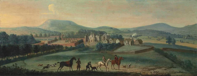 Vue des ruines de Westby Hall, Yorkshire, avec une partie de chasse au premier plan