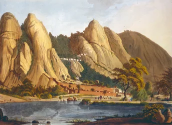 Vue sud de Sewandroog, illustration de Douze Vues de Mysore, le pays de Tippoo Sultan gravé et coloré par J.W. Edy, publié en 1804