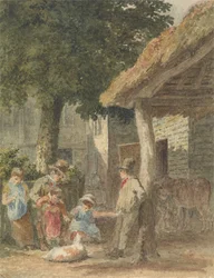 Enfants avec un chien dans une cour de ferme