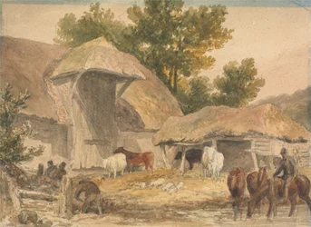 Cour de ferme avec chevaux en attente