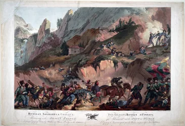 En 1799, les troupes de Napoléon se sont battues sur le pont du Diable contre les Russes commandés par le général Souvarov - Armée russe traversant le pont du Diable en 1799 - Porter, Robert Carr (1777-1842) - 1804 - Aquatinte - Collection privée