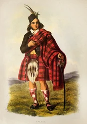 Un guerrier Fraser du clan écossais en kilt - Lithographie de Robert Ronald McIAN tirée de "The Clans of The Scottish Highlands"" 1845
