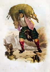 Un guerrier écossais Mac Rae portant un mouton sur ses épaules - Lithographie de Robert Ronald McIAN tirée de "The Clans of The Scottish Highlands"" 1845