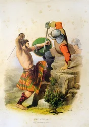 Guerrier écossais Mac Millan combattant en kilt et pieds nus avec l